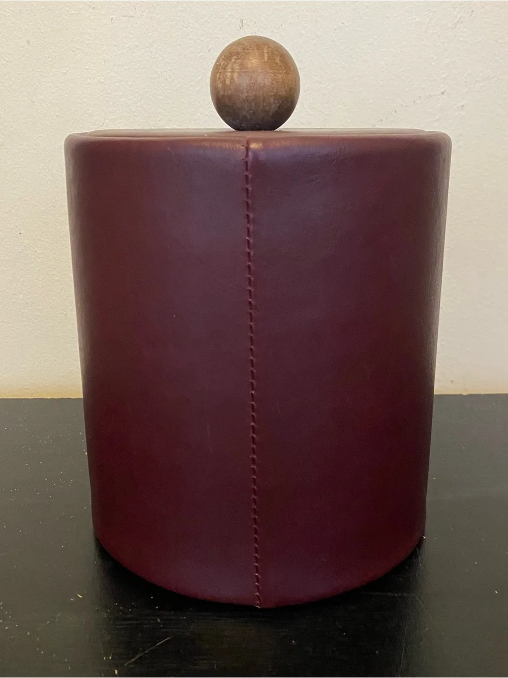 Vintage Hapco Elmar Ice Bucket With Lid Red Maroon Leather Wood Knob Handle USA